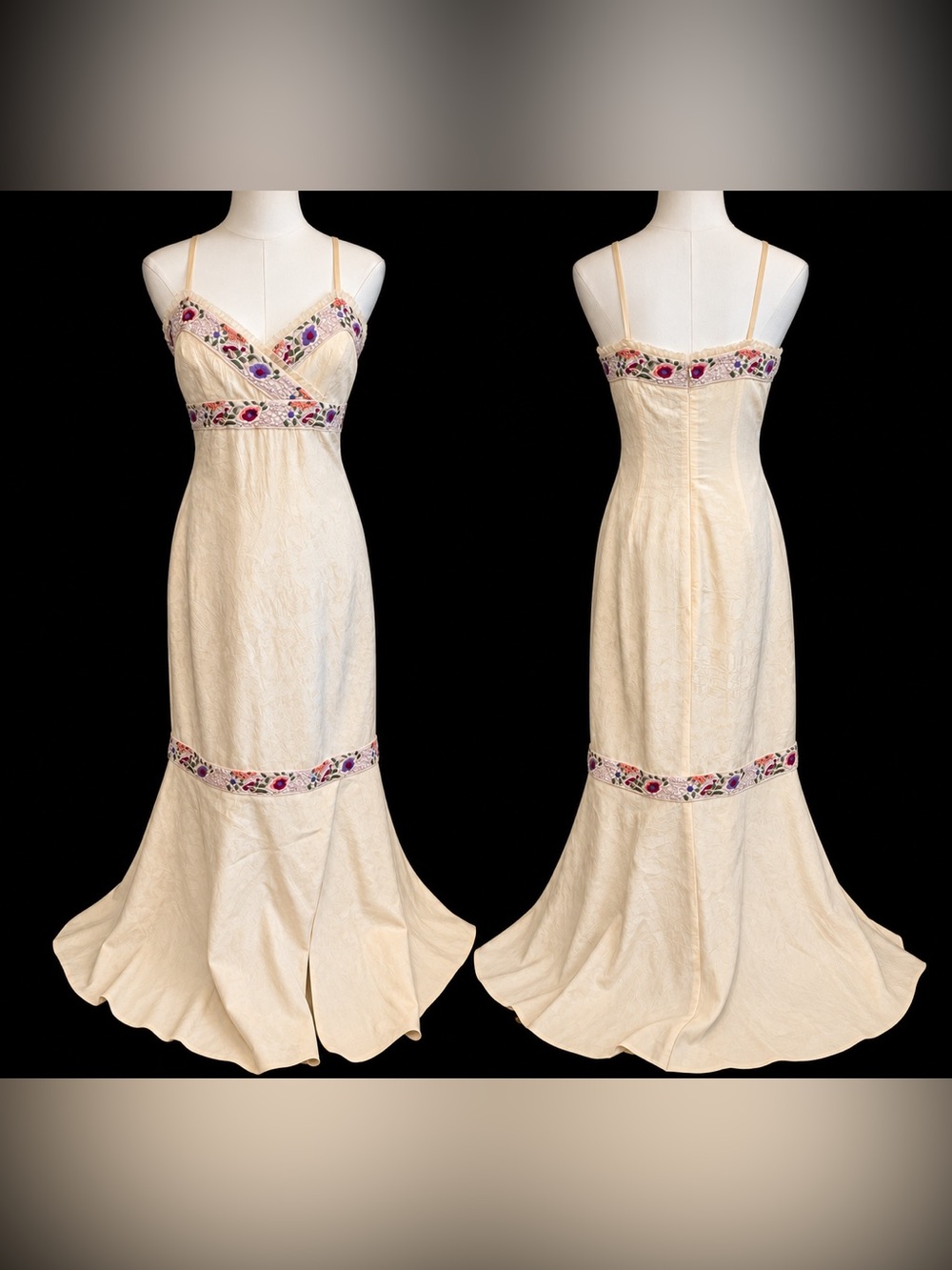 Vintage Y2K Sue Wong 100% Silk Embroidered Beaded Fairycore Maxi Dress S